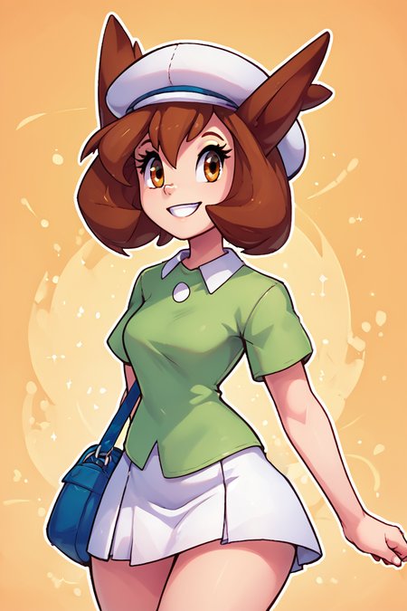 score_9, score_8_up, score_8, medium breasts, (curvy), cute, eyelashes,       BREAK, , zzBianca, brown hair, brown eyes, medium hair, hair between eyes, short sleeves, green shirt, collared shirt, white hat, skirt, white skirt, <lora:Bianca_PokemonHeroes_PDXL_v2:0.7>,, BREAK, smile, looking at viewer,  abstract background, white outline, cowboy shot, embedding:zPDXL, Expressiveh, <lora:theOtherHalfPDXL:0.8>,  <lora:CatalystStylePDXL:0.6>,  <lora:SDXLFaeTastic2400:0.5>,  <lora:Expressive_H-000001:0.4>,