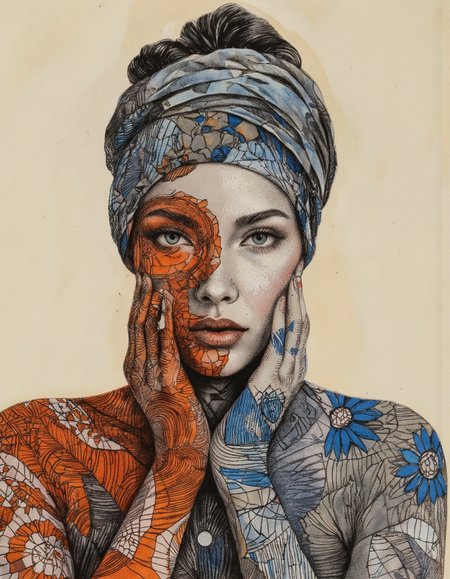 Art by Eli Minaya. A highly detailed and realistic portrait of a woman with intricate, mosaic-like patterns covering her face and upper body. the woman, who appears to be in her mid-twenties, has fair skin, blue eyes, and a serene expression. she is positioned in the middle of the image, facing the viewer with her eyes looking directly at the viewer. her hair is styled in a bun, and she is wearing a turban on her head. the background is a simple, light beige color, which contrasts with the vibrant colors of the woman's face and body, which are composed of intricate, geometric patterns in shades of blue, orange, and brown. the patterns are highly detailed, with a mix of geometric shapes and patterns that create a sense of depth and dimensionality. the overall effect is one of a captivating and visually striking piece of art.