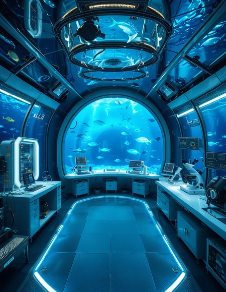 A futuristic underwater research laboratory,underwater research l4b0r4t0ry, located deep beneath the ocean's surface, surrounded by vibrant marine life and illuminated by soft, bioluminescent lighting. The laboratory features large, reinforced glass domes offering a panoramic view of the surrounding blue abyss, with schools of colorful fish and rays of sunlight filtering through the water above. Inside, advanced scientific equipment, glowing computer screens, and researchers in modern wetsuits or lab coats are visible, conducting experiments. The structure is sleek and metallic, with curved, aerodynamic designs to withstand water pressure. Coral reefs and marine plants grow nearby, adding natural beauty. The lighting is a mix of cool, bluish tones, with faint yellow lights from the laboratory windows creating a contrast. The atmosphere is calm yet futuristic, with a focus on scientific exploration and harmony with the marine environment.
<lora:SDXLFaeTastic2400:0.4> <lora:extremely_detailed:0.4> extremely detailed, <lora:underwater_research_l4b0r4t0ry:1>