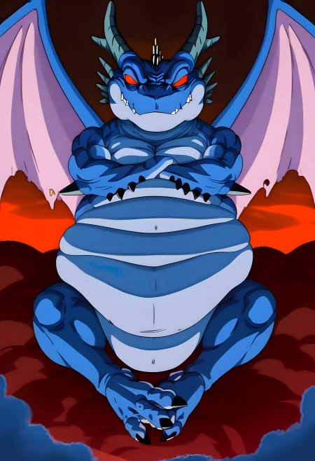 solo, (BlackSmokeShenron, male dragon, wings, blue body, blue scales, red eyes, no pupils, horns, fangs, sharp teeth, claws, wings), looking at viewer, teeth, smile, smirk, whiskers, macro, blue smoke, dark red sky, detailed background, looking at viewer, giant, fat, chubby, full body view, whiskers, legs down, laying down, forced, nude, naked, shaded, looking at viewer, suggestive, alien feet, 3 toes, 3 fingers, cramped toes, close up, cigar in hand, low angle