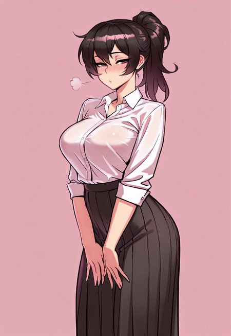safe_pos, score_9, score_8_up, score_7_up,  sketchy style, introspective, masterpiece, best quality, L1v3F0rTh3F0nk, 1girl, solo, standing, looking at viewer, half-closed eyes, blush, brown eyes, sexy body, slender waist, slender body, perfect breasts, ponytail, (wild hair:1.5), black hair, formal shirt, white shirt, pleated skirt, long skirt, black skirt, pink background, simple background,