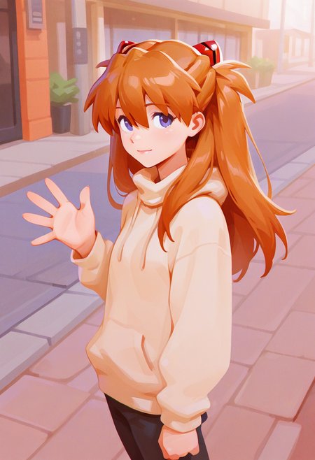 sp3,  masterpiece, best quality, solo, asuka langley, looking at viewer, light smile, warm colors, street, sidewalk, waving, wholesome, 