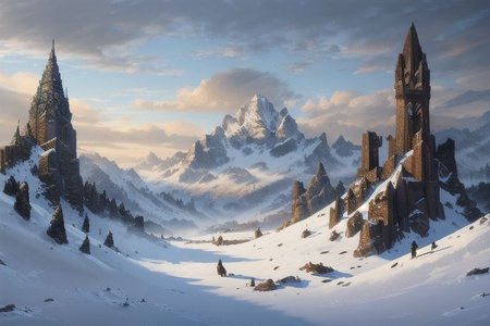RAW photo, (masterpiece:1.3), subsurface scattering, heavy shadow, (high quality:1.4), (intricate, high detail:1.2), professional photography, HDR, High Dynamic Range, realistic, ultra realistic, photorealistic, high resolution, film photography, ambient lighting, atmospheric effects, <lora:detail_slider_v4:2>, OverallDetail, epic medieval fantasy, cloud, fanmou, fantasy, no humans, outdoors, sky, winter, <lora:Fantasy_Mountains:1>, epiCPhoto