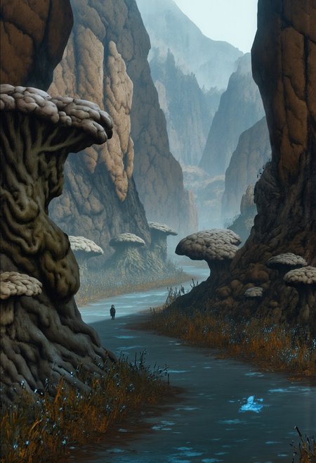 b3rs3rk macro lens d4concept pov, 3D01S, simple background d4artstyle atmospheric and powerful MikeFranchinastyle dark fantasy, natural organic and first person pov of a berserk style creature in the Tsutomu Nihei style
Alien river valley surrounded by towering rocky cliffs, covered in giant mushrooms with textured caps resembling aged leather. The mushrooms range in size, some as tall as trees while others cluster near the water's edge. The river flows gently through the valley, its surface reflecting the soft glow of bioluminescent fungi scattered along the banks. Sparse vegetation grows around the mushrooms, with twisted roots and vibrant, alien grasses adding texture to the scene. Mist rises faintly from the water, creating an ethereal atmosphere. The sky is overcast with diffused light filtering through, casting subtle shadows on the landscape.
Background solid color with a faded dimly lit, fog-covered darkness tone that emphasizes its silhouette. 
UHD letterboxed game trailer frame chromatic aberration dark atmosphere sharp masterpiece with a focus on the character, elden ring, dark atmosphere