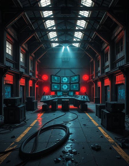 A dark, abandoned warehouse transformed into a villain's secret lair. The structure is massive and industrial, with rusted steel beams, shattered windows, and crumbling concrete walls covered in old graffiti. The floor is dusty and cracked, with scattered debris and oil stains. Dim red and blue lights glow from hidden sources, casting eerie, atmospheric shadows throughout the space. In the center, a high-tech command station glows with holographic maps, control panels, and futuristic computer screens. Advanced equipment, weapons racks, and strange scientific devices are neatly arranged on steel tables. Thick black cables snake across the floor and dangle from the ceiling. Makeshift metal dividers and reinforced crates create hidden zones for operations and storage. The setting is cinematic, mysterious, and tense, with dramatic lighting, high contrast between dark corners and glowing tech, and a realistic, moody art style â like a scene from a dystopian sci-fi thriller. No people or figures are present. 
<lora:SDXLFaeTastic2400:0.4> <lora:extremely_detailed:0.4> extremely detailed,villain secret l41r, <lora:villain_secret_l41r-i:1>, Masterpiece,best quality,hi res,8k,hi res,8k,award winning,(sharp focus, intricate, highly detailed),