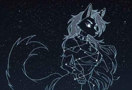 masterpiece, best quality, newest, absurdres, highres, anime, anime style, LSCV1.0, constellation, star (sky), starry sky, night sky, night, starry sky, no humans, silhouette, monochrome, 
Loona \(helluva_boss\), animal ears, animals nose, choker, collar, furry, furry female, pentagram, red sclera, white eyes, colored sclera, crop top, wolf girl, wolf ears, wolf tail, grey hair, fingerless gloves, bare shoulders, black gloves, spiked collar, spikes,