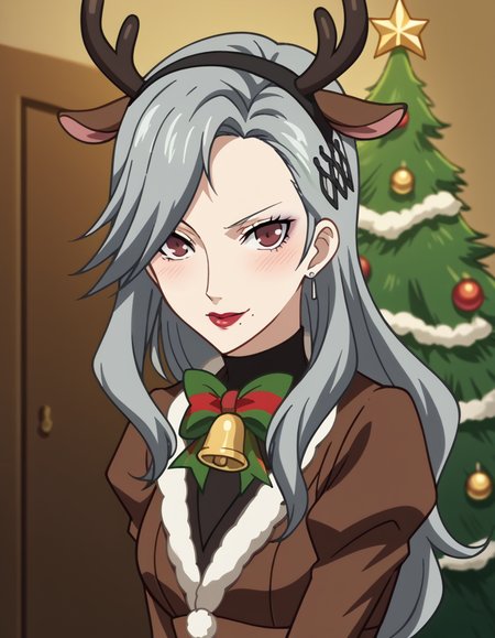 score_9, score_8_up, score_7_up, source_anime, <lora:sae-niijima-s1-ponyxl-lora-nochekaiser:1>, sae niijima, long hair, hair ornament, brown eyes, grey hair, makeup, lipstick, mole under mouth, red lips, medium breasts, mature female, anime screencap, <lora:reindeer-costume-ponyxl-lora-nochekaiser:1>, reindeer costume, animal costume, reindeer antlers, antlers, fake antlers, reindeer hood, christmas, red nose, deer ears, deer tail, christmas tree, bell, horns, reindeer,, blush, smile, tongue out, looking at viewer,, , dutch angle, cowboy shot