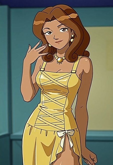 masterpiece, best quality, good quality, 1girl, solo, cartoon, parody, official style, gazella_totally_spies, brown eyes, brown hair, medium hair, tan, mole, jewelry, necklace, earrings, yellow dress, side slit, sexy, large breasts, beautiful, detailed, high detailed, very beautiful, detailed face, detailed eyes, detailed hand, fingernails, long nails, abstract background, smile, looking at viewer, pose, modeling, face focus