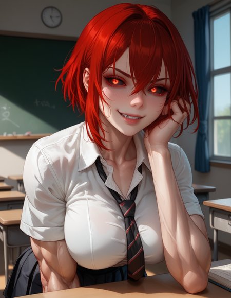 score_9, score_8_up, score_7_up,source_anime,zPDXL3,  BREAK
1girl,
<lora:add-detail-xl:1.0> , <lora:Expressive_H:0.8> Expressiveh,
muscular female,fit,narrow waist,
<lora:sinfully_stylish_SDKL:0.4>
<lora:d3t41l3dXLP:0.9> d3t41l3d
<lora:SClove:0.8> Sclove,red hair, red eyes, colored sclera, black sclera, vampire,glowing eyes,pale skin, short hair, 
,  half-closed eyes,
school uniform, classroom, 
thon,leaning forward, looking at viewer, naughty face, smile,