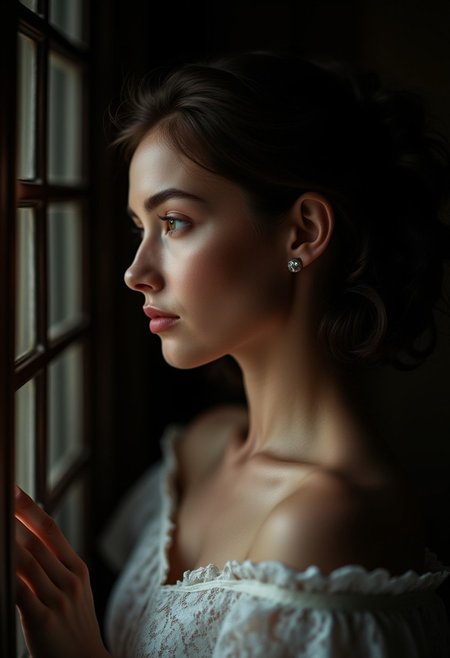 Beauty, realism, cinematography, chiaroscuro, rays of light, play of shadow and light, cinematic quality, cinematic style. 
"Side profile of a young woman with delicate features, captured in a dramatic low-key lighting style. The light falls softly on her face, highlighting the contours of her cheeks and collarbone, while leaving the background in deep shadow. She is wearing an off-the-shoulder lace dress, with intricate details visible in the soft lighting. The atmosphere is intimate and serene, with a cinematic focus on the play of light and shadow on her skin, creating a mood of quiet introspection and elegance.",