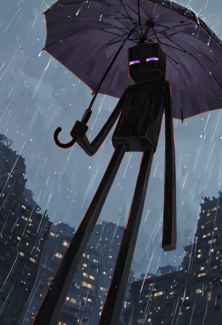 masterpiece, best quality, amazing quality, very aesthetic, absurdres, newest, , detailed background, 
klskx
enderman, no humans, purple eyes, rectangle eyes, , solo, male focus, black skin, no mouth, square head, square body, black head , pokemon (creature), 
from below, tilted angle, dutch angle, tilted head, looking at viewer, night city, holding umbrella, heavy rain, raining, grey sky,
