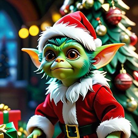 masterpiece, intricate photo, christmas gremlin, background kids elven toy factory at the north pole, christmas tree, festively decorated, christmas gifts, photo realistic, hyper realistic, highly detailed, sharp focus, best quality, high resolution, colorful, vibrant colors, studio lighting, 8K