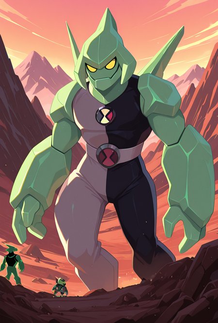 <lora:diamondhead-06:1> diamondhead, robot, yellow eyes, solo, 1boy, no humans, pokemon (creature), armor, spikes, yellow sclera, green skin, bodysuit,  cartoon <lora:illustrious_flat_color_v2:1> flat color, no lineart, ontop of mountain, masterpiece, best quality, amazing quality, very aesthetic, absurdres, newest,