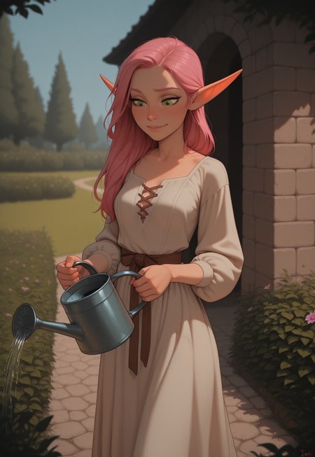 masterpiece, best quality, amazing quality, very aesthetic, DISNEY_ANIMATION, incoth, (incase:0.6), female, solo, (depth of field), medieval setting, outdoors, garden, day time

elf, pink hair, green eyes, cute face, slender, small breasts, long hair swept to one side, short elf ears, short ears,

simple dress,

walking in garden, holding a watering can, watering flowers,