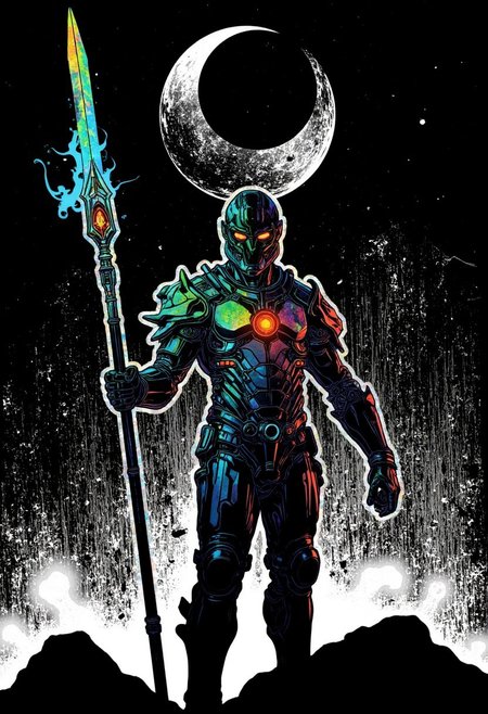 nistyle, Monochrome Manga Sketch, Upper Body Portrait of A knight with holographic armor resembling fragmented glass emerges from an ancient stardust crypt on a shattered asteroid. The armor refracts intense neon blue, green, and orange, and its design curves like flowing water, with sharp-edged pauldrons and a crescent-shaped helm glowing faintly in the vacuum of space. In their hand, the knight carries a massive glaive that emanates holographic fire, casting flickering light over the alien glyphs etched into the walls. The scene is silent but foreboding—floating debris from the destroyed asteroid forms a jagged halo in the distance, while faint red lights on the knight's chestpiece pulse ominously, signaling that their enemies are near. A swarm of glowing, serpentine drones begins to emerge from the darkness, but the knight stands resolute, the glaive's edge crackling with radiant power.