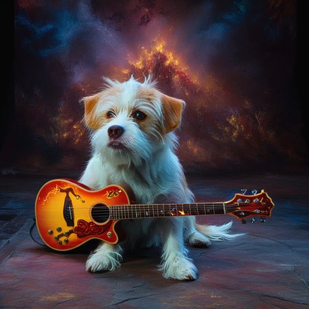 Hyperrealistic, crystal-clear portrait of a  <lora:ZIP_SDXL:1> zip dog looking at the viewer Walking on stage playing his guitar  <lora:1980s_Fantasy_Style_test_2:0.3> 1980s Fantasy Style, vivid color <lora:Rock_Concert:0.5> r0ckc0ncert, on stage, light show, smoke, band, instruments <lora:tbh160-sdxl:0.8> style of Dan Mumford  ith super sharp details and vivid colors, intricate textures, and pristine clarity. <lora:DetailMaximizer:0.8> Light Painting