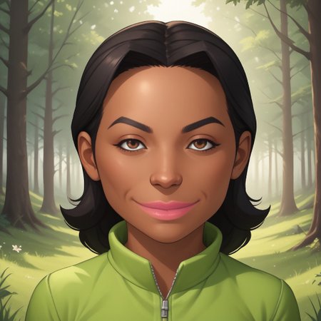 score_9, score_8, BREAK, solo, wii, mii, wii sports, 1girl, female mii, brown eyes, black hair, black eyebrows, pink lips, dark skin, light green clothing, white pants, shoes, nintendo mii, modern_mii, classic_mii, breasts, maria_\(\\wii_sports\\\), sexy pose, smile, outdoors, sunlight, shadows, evening lighting, natural lighting, forest, trees, grass, orange sky, sunset