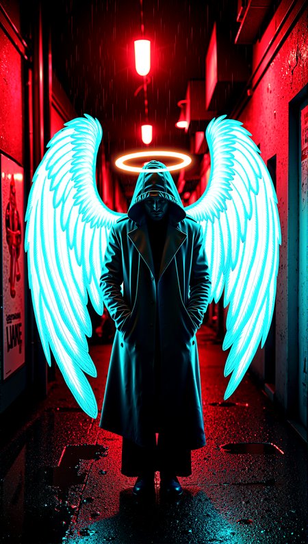 a mysterious angelic figure standing in a raining dark urban alley, adorned with extremely large ethereal bioluminescence angel wings that glow with a gradient of red, white, and blue, each feather catching the light in a different way. The figure is cloaked in a heavily detailed, graffiti-splattered trench coat, with a hood that casts a deep shadow over their face. The scene is illuminated by neon lights reflecting off wet pavement, with the figure's shining halo casting a soft, warm glow. The background is filled with intricate urban textures—cracked walls, faded posters, mural, and distant city lights. Ultra-detailed textures, dynamic lighting with high contrast, cinematic framing, wet texture details, raytracing details, 


cinematic scene, cinematic lighting, intricate detail skin and facial texture, lifelike expression, accurate character design, dynamic pose, interesting and complex background details, complex dynamic pose, 







 














