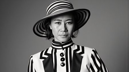 A striking black-and-white photograph of a beautiful Thai woman wearing a bold, high-fashion outfit. The ensemble features a structured, high-collared jacket with dramatic black and white vertical stripes, adorned with large, glossy black buttons running down the front. The collar is tall and striped, adding a geometric flair. She also wears a wide-brimmed hat with matching black and white stripes, tilted slightly for a sophisticated look. The background is a smooth, gradient gray, with soft, directional lighting casting gentle shadows, emphasizing the sharp contrast of the outfit. The overall mood is elegant, timeless, and avant-garde, with a vintage-inspired yet modern aesthetic.
<lora:Detailed Skin&Textures Flux V3:0.5> dsv4