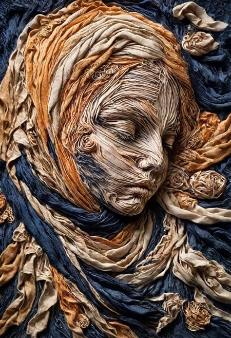 RAW closeup photo, sleeping baby, macro shot,( dark blue, orange, gold,  embroidery scarf), masterpiece, colorful details, golden threads embroideries, award winning, high detailed, 8k, natural lighting, analog film, amazing composition, intricate details, subsurface scattering, vellus gold hairs, amazing textures, soft light