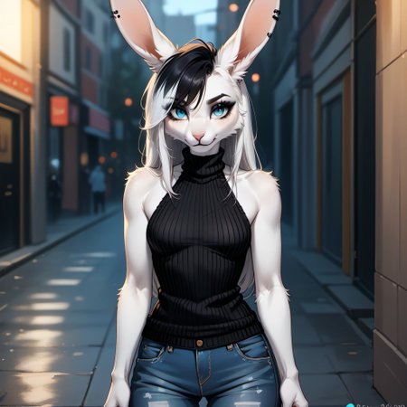 digital_media_(artwork) hi_res, score_9, score_8_up, score_7_up, score_6_up, score_5_up, score_4_up, rating_safe, beautiful, intricate, high quality details, highly detailed, amazing quality, anthro, furry, female, detailed textured fur, fur tufts, fluffy,  cute, small, detailed sexy eyes, solo, SFW, rabbit, lop ears, expressive, sassy, long sleeveless halter neck sweater, baggy denim pants, clothed slim, clothed slender, clothed skinny, multicolored hair, streaked hair, absurdres, highres, goth, heavy eyeliner, heavy eye shadow, breasts,