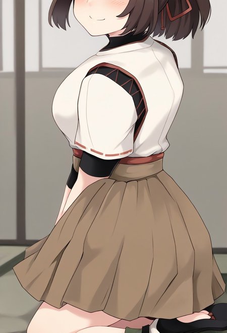 score_9, 1girl, isedefkc, short_sleeves_brown_skirt, (japanese_clothes:1.3), brown skirt, white shirt, black turtleneck, pleated skirt, green legwear, black zouri, black sandals, from side, blush, smile, kumasteam, looking at viewer, feet out of frame, from behind, looking back