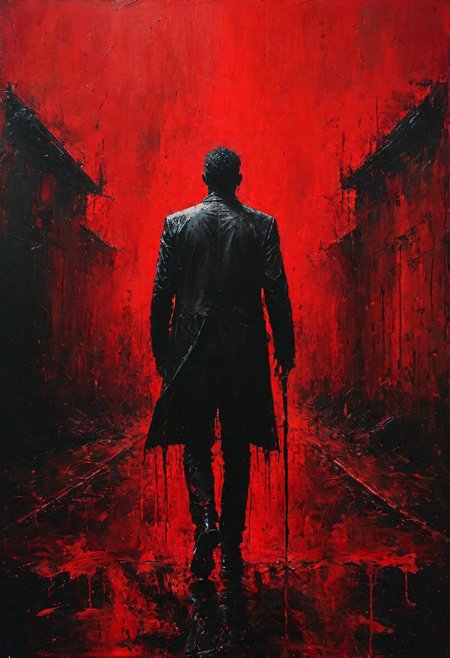 impactful paint of full body portrait of a man walks down a street full of blood,    highly detailed,   8k,   sharp,  professional, clear,   high contrast, high saturated, , vivid deep blacks, crystal clear