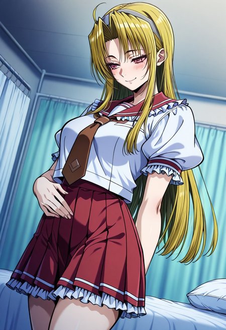 masterpiece, best quality, newest, highres, uncensored, 1girl, yokota mamoru style,1girl,
Tifana Luxembur,Ahoge Hair, Blonde Hair, Curtained Hair, Parted in Middle, Sidehair, Straight Hair, Waist Length Hair,Red Eyes,Slim
school uniform, necktie, serafuku, white shirt, short sleeves, puffy sleeves, frilled sleeves, frilled sailor collar, red sailor collar, brown necktie, skirt, pleated skirt, red skirt, frilled skirt,, hospital room, bedside, get well flowers, comforting, quiet, smile, , hand on stomach, blush,, solo,, cowboy shot, dutch angle,