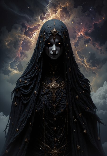 A mysterious female figure with pale white skin and no visible eyebrows. Her eyes are hidden behind a black lace veil adorned with gold stars of varying sizes. Her long, wavy black hair frames her face and falls down her shoulders. Her lips are full, painted a soft matte white. She is dressed in a layered, intricately detailed black gown decorated with tiny golden stars and delicate chains. The image captures her from the front, focusing on the upper half of her body. A vast, starry sky with swirling nebulas and distant galaxies. The background is filled with soft hues of deep blue, purple, and black, with stars glimmering faintly in the distance. The ethereal light from the stars softly illuminates the figure, adding a cosmic and otherworldly atmosphere. The scene feels endless and vast, as if the figure is standing in the middle of space.   <lora:dark_fantasy_flux:0.83> <lora:FredFraiStyle-FLUX-Share:0.63> <lora:sxz-Dark-Fantasy-v2-Flux:0.33> drkfnts style, <lora:flux.1_lora_flyway_Epic-Characters_v1:0.43>