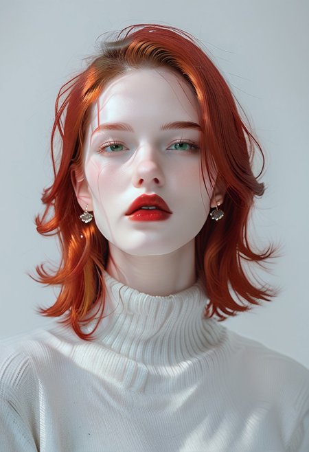 score_9, score_8_up, score_7_up, BREAK, ctdrm, dreamy, 1girl, solo, helencollins, jewelry, sweater, earrings, portrait, parted lips, lips, simple background, red lips, long hair, red hair, green eyes, pale skin, light blush, soft lighting, ethereal mood