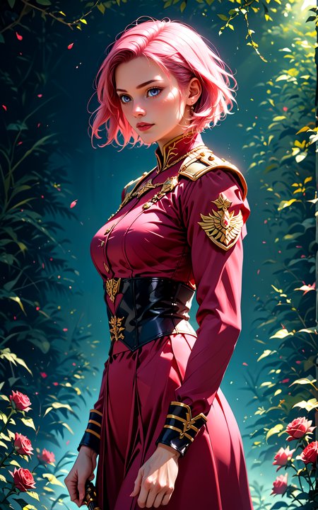 4n1v3rs3, score_9, score_8_up, score_7_up,
steadfast woman with pink hair, standing guard with sword at the ready, red roses surrounding her, vigilant expression, soft lighting, vibrant colors, high contrast, hyper-realistic, strong pose, detailed, high-definition, protective, cinematic, calm, poised, regal atmosphere
noblewoman, military uniform, long sleeves,  short hair,