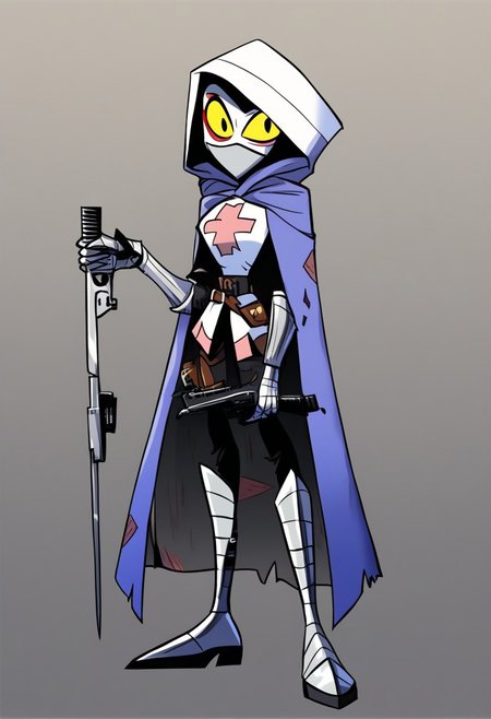 HCSV1, human, knight, tall,
1man, solo, full body, thick steel boots, silver gauntlets, metal face mask, silver mask, hooded cloak, small scratches on mask, yellow eyes, tunic, gradient background, pistol chest holster, looking at viewer, weapon back carryon