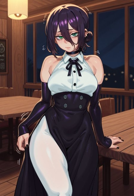 fine detail, high quality eyes, amazing quality, very aesthetic, high resolution, Masterpiece, best quality, (eigaka:0.6), (S4s4k1Nsfw), 
solo, looking at viewer, front view, shy pose, standing, cowboy shot, 
1girl, (reze from chainsaw man), black hair, short hair, green eyes, maid dress, bare shoulders, elbow gloves, long skirt, white pantyhose, black nails, makeup, mole under eyes, (medium breasts:0.8), small thighs, cute, annoying face, motion lines, 
Cafe background, night, tables, blur background