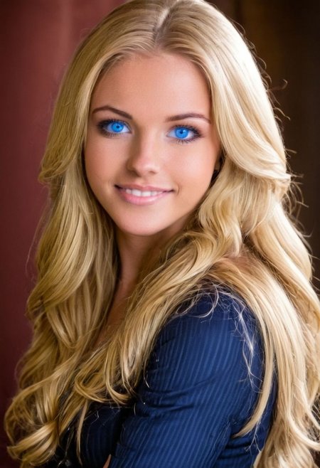 Glamour shot, focus on face, Bestface1,  blue eyes, long blonde hair, straight hair, welcoming smile