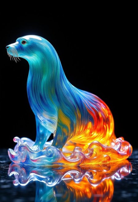 A vibrant, glass statue of a seal, expertly crafted with lifelike details. The translucent glass captures the playful elegance of the seal, with its smooth, streamlined body shimmering in shades of deep ocean blue, turquoise, and hints of emerald green. Intricate etchings along the surface depict the fine textures of the seal's fur, while the glass itself has a slight iridescent quality, reflecting light in brilliant hues. The seal's eyes are crafted from darker glass, adding depth and a sense of curiosity. Its flippers and whiskers are carefully detailed, and the statue sits atop a base that mimics gentle waves, also made of swirling, multicolored glass. The statue is illuminated from below, casting dazzling reflections that dance across the surface, giving the seal a lifelike, almost magical presence as if it’s ready to come to life at any moment.