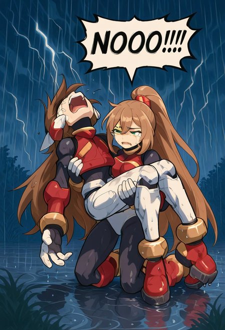 IrisAnotherMMXD, brown hair, ponytail, high ponytail, wide ponytail, hair ornament, green eyes, red armor, mecha musume, armor, white pants, pauldrons, red gauntlets, white gloves, leg armor, speech bubble, NOOO!!!, screaming,tears, kneeling, 1boy, 1girl, contrast lighting, outdoors, thunderstorm, raining,
<lora:Dramatic-NOOO-ILL_Schmede_v1:1>
unconscious, zero rz, unconscious carry, passed out, fainted, unconscious arm carry, princess carry, bridal carry, unconscious princess carry,  head back, 
<lora:Unconscious-Arm-Carry-SDXL_Bruh7554_v1:1.5>