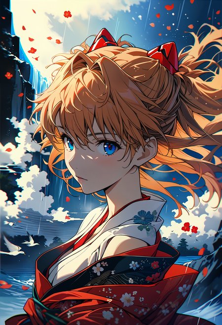 masterpiece, best quality, very aesthetic, absurdres, Professional Fashion, ukioe style, woodcuts style, by Ohara Koson and Hiro Mashima, KHsty-XL, <lora:KHsty-XL-v3-AN:0.5>, 
break
dark scenery, storm, wind, rain, mist, ocean, waterfall, cloud, floral, birds, cherry petals flying in the air, moon, wind effects, The Beauty of Nature, The Aesthetics of Nature,
break
1girl, (souryuu asuka langley:1.4), neon genesis evangelion, rebuild of evangelion, aged up, mature, detailed beautiful face, Japanese beauties, Japanese kimono, off shoulder, looking at viewer, sexy pose, dynamic angle, perfect composition, perspective, depth of field, bokeh,
break
cinematic, highly detailed, extremely detailed, intricate details, fine texture, crisp detail, crisp edges, muted minimal, line art, iridescent, high contrast, shadows, chromatic aberration, 
break
<lora:Sinozick:0.8>, <lora:Midjourney Image Enhancer XL v1:0.5>, <lora:MJ52:0.5>, <lora:Desolation:0.1>,