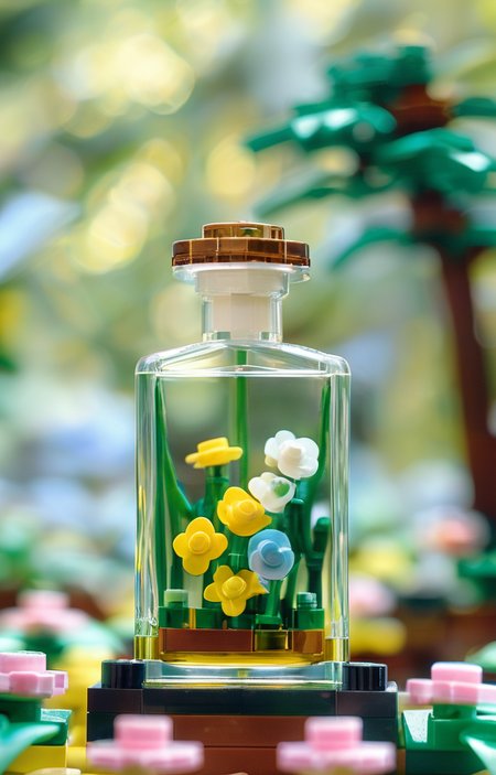 masterpiece,best quality,<lora:tbh246-sdxl:0.9>,illustration,style of lego,  A bottle of perfume in garden