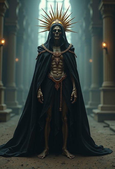 full body establishing shot of a cloaked undead warrior, wearing a golden spiky crown, golden accessories adorned, in an enclosed dark chamber, post apocalyptic, horror core, volumetric lighting, ultra detailed