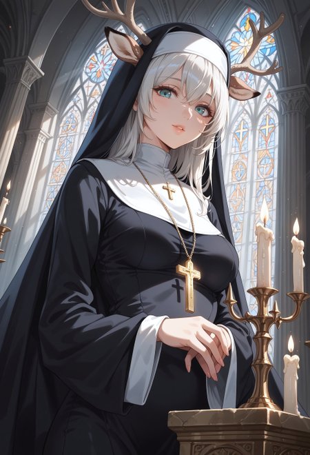 safe_pos, score_9, score_8_up, score_7_up, masterpiece, best quality, (ultra detailed background), highly detailed, fine details, ambient light, soft lighting,
BREAK
1girl, long flowing white hair, deer antlers, nun outfit, nun habit, mandarin collar, fur-trimmed felt cloak, eyes obscured by a decorative mask, cross pendant, good composition, ethereal appearance, medium breasts, glamorous, 
(indoors:1.15), cathedral interior, looking at viewer, dynamic light, dynamic angle, detailed background, light rays, perspective, altar, candles, marble statue