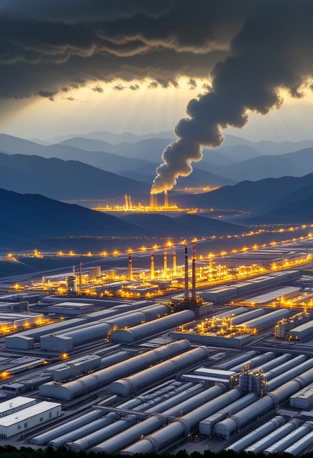A dense layer of gray clouds illuminated in royalblue from above, a small golden sun, light gray mountains in the distance on the horizon among which power plants and industrial buildings can be seen, closer gray mountains on the horizon among which power plants and industrial buildings can be seen, black mountains on the horizon among which power plants and industrial buildings can be seen,