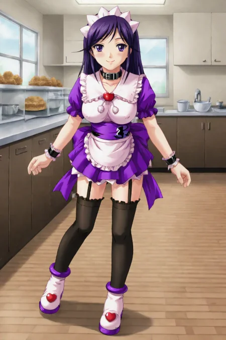 score_9, best, masterpiece, uncensored,
1girl, solo, smile,
KatouShouko, maid headdress, waitress, frilled black thighhighs, black garter straps, frilled cuffs, purple sash with back ribbon, white with purple accents ankle boots with pink heart, black belt collar with white frills, purple pleated miniskirt with white frills, pom pom (clothes), frilled sailor collar with hearth brooch, purple frilled puffy short sleeves, white frilled waist apron,
<lora:FamiresSenshiPuddingKatouShoukoChocolat_V4:0.8>​​​