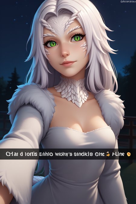 score_9, score_8_up, score_7_up, BREAK, 1girl, solo,  breasts,  <lora:snapchat-guy-PONYv1:.95>, snapchat, <lora:darksouls_crossbreedpriscilla_ponyXL:1> crossbreedpriscilla, dragon girl, white fur, green eyes, slit pupils, tail, fur trim, white dress, long sleeves, night, night sky,