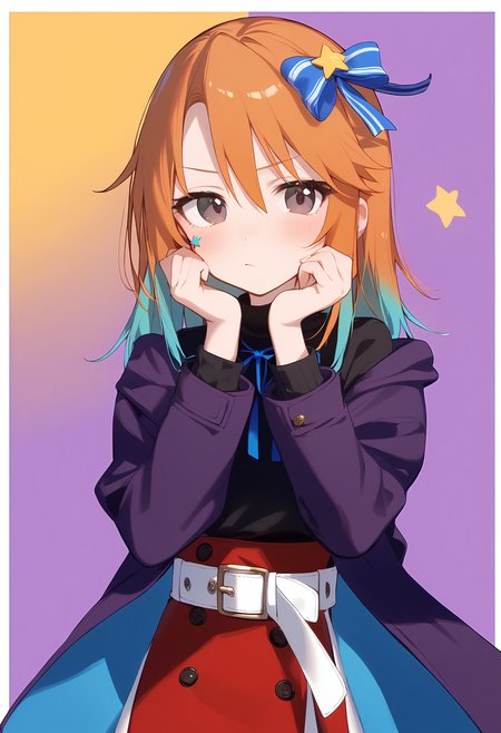 1girl,
yuuki haru,


multicolored background, orange hair, white belt, alternate costume, looking at viewer, shirt, white border, turtleneck, long sleeves, star hair ornament, gradient hair, grey eyes, ribbon, neck ribbon, purple jacket, cowboy shot, blush, hands on own face, hands on own cheeks, purple background, yellow background, medium hair, jacket, belt, aqua hair, solo, closed mouth, hair ornament, outside border, multicolored hair, two-tone background, star \(symbol\), black shirt, border, blue ribbon, buttons,

sfw
<lora:a31_char_new_yuuki_haru-000014:1> <lora:a31_style_koni-000010:0.8>