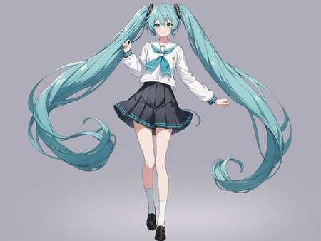 masterpiece,ultra-detailed,best quality,8K,illustration,cute face,clean skin ,shiny hair,girl,ultra-detailed-eyes,simple background, <lora:add-detail-xl:1> <lora:long twintail_XL_V1.0:1> twintails, very long hair,school uniform,full body,hatsune miku