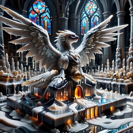 embedding:lazyup,sl1m3d,slime-morph, a fallen angel with slime-feathered wings, trapped in a stained glass cathedral where light refracts through gelatinous walls <lora:Slime_Morph_V4_(1):1.0000000000000002> <lora:add-detail-xl:0.9000000000000001>