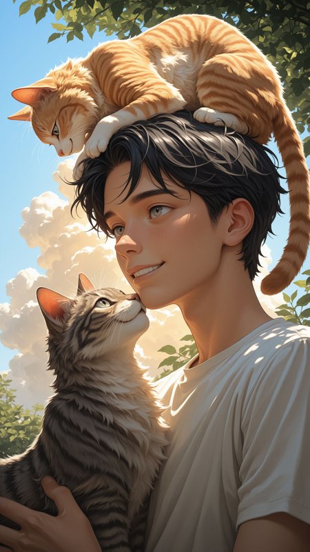 1boy, portrait, (painterly:1.3), <lora:add-detail-xl:1>,
masterpiece,best quality, amazing quality,
black hair, tousled hair, short hair, grey eyes, detailed eyes, wearing a white shirt, short sleeves, tabby cat on his head, smile, tickling cat,
serene expression, dappled sunlight, intricate shadows, surrounded by green foliage, deep blue sky in background, fluffy clouds, warm lighting, natural lighting, tranquil atmosphere, harmonius, dreamy aesthetic, poetic,
looking away, looking up, looking upwards