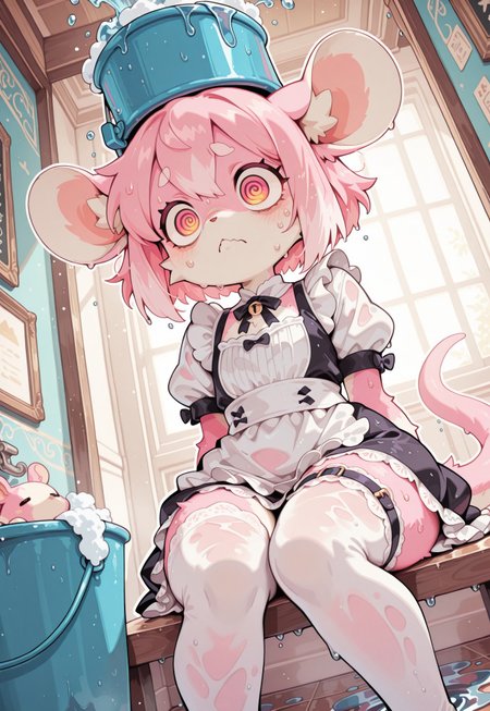 perfect eyes, S4bit4mago_illu, anime style, s0wasow4rt_illu, masterpiece, newest, highres, score_9, score_8_up, score_7_up, Nameless_Style, rat girl, _Style, rat, furry:1.2, Cartoon_Type, curvy, fluffy1.3, shortstack rat girl, small chest, lace styled dress, maid outfit, short skirt, (close up), panoramic view, hallway, lots of dishes, short hair, thick white outline, white stockings, wet clothes, pink hair,  wet fur, sitting on floor, water everywhere, spilled bucket, bucket on head, curvy, suds on head, soapy water everywhere, white lace, short sleeves, thigh garter, face focus, fabric, intricate lace, leaning over, intricate details:1.2, long dress, pink fur, stockings, standing upright, rat tail, wide eyes,, dizzy, spiral eyes, worried, sweating, panicking, nervous, washing, dynamic angle, exhausted, countershade fur, stylish, pose, high quality, cute background,