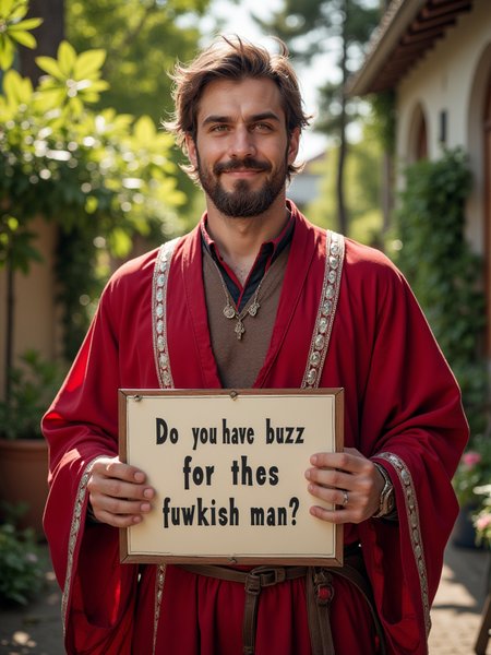  garden, Berke, sunny day, holding sign with text "Do you have buzz for this handsome turkish man?", red robe with silver ornaments, facial hair, from below, 