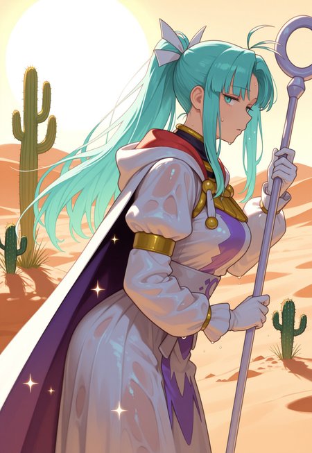 masterpiece, best quality, realistic, 1girl, cowboy shot, from side, hunched over, holding magic staff, sweat, wet clothes, sideways glance, jitome, looking at viewer, 
m1a, aqua hair, parted bang, high ponytail, long hair, antenna hair, sidelocks, aqua eyes, narrow eyes,
hair ribbon, cape, two-tone dress, white and purple dress, long sleeves, long dress, white gloves, warm color palette, volumetric lighting, desert, sun rays, too damn hot, sweatdrop sparkle, cactus, 